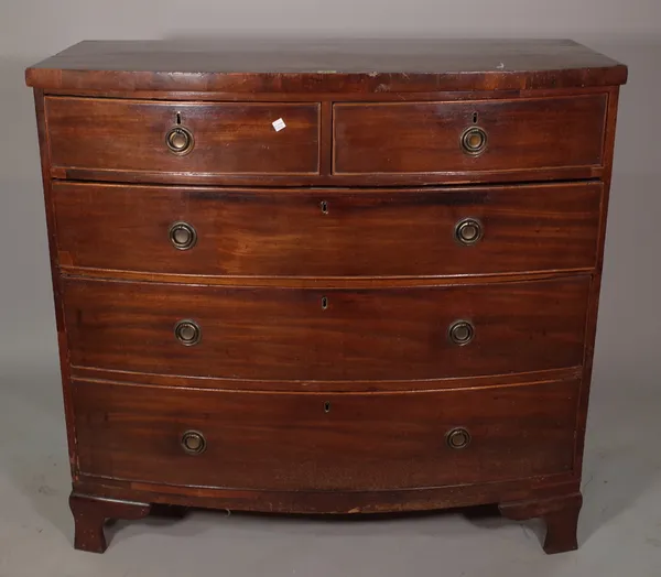 A 19th century mahogany bowfront chest of two short and three long drawers on bracket feet, 106cm wide x 100cm high.