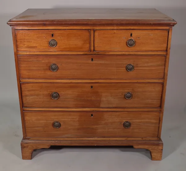 A George III mahogany chest of two short and three long graduated  drawers on bracket feet, 104cm wide x 104cm high.