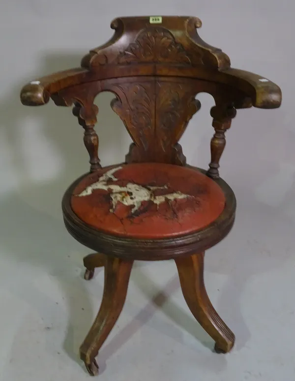 A late Victorian stained beech swivel office chair, (a.f.).