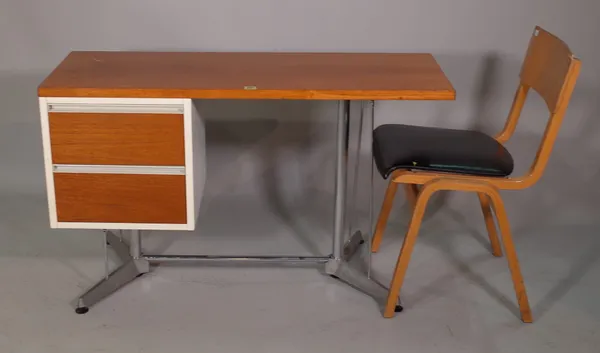 A 20th century teak child's desk with two short drawers on chrome base, 110cm wide x 67cm high and a 20th century beech bar back chair, (2).