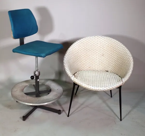 A mid-20th century revolving work stool on chrome metal base and a Lloyd Loom blue painted wicker tub chair, (2).