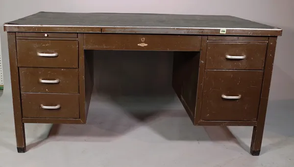 Art Metal; a mid-20th century brown painted metal desk with five drawers about the knee, 152cm wide x 78cm high.