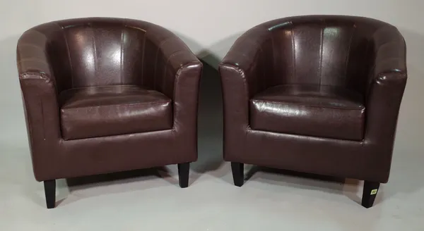 A pair of 20th century brown leather upholstered tub chairs, (2).