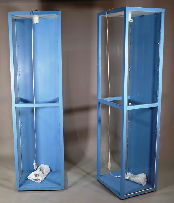 A pair of 20th century blue painted display cabinets, 52cm wide x 188cm high, (2).