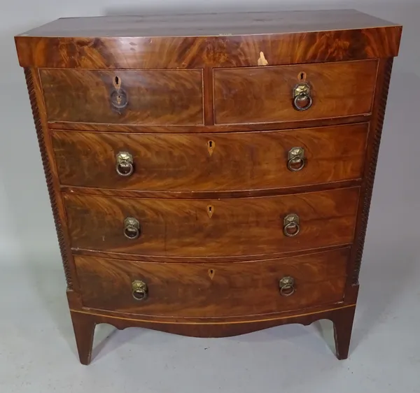 A late Victorian mahogany bowfront chest of two short and three long drawers on bracket feet, 102cm wide x 120cm high.