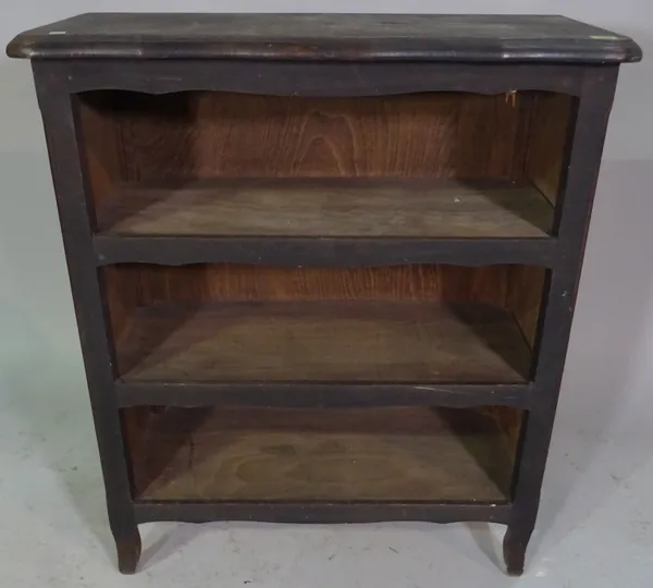 A black painted three tier open bookcase together with an artist's easel, (2).