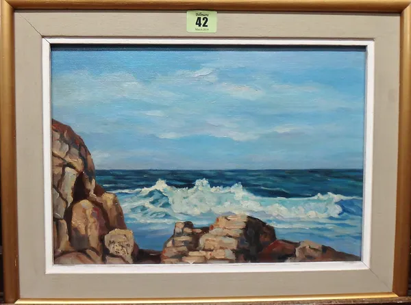 Mary Dadaconstantinou (20th century), Breakers on the coast, oil on canvasboard, 24cm x 33cm; together with a reproduction print of oranges and scales