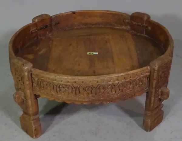 A carved hardwood Eastern circular brazier stand, 80cm diameter x 35cm high,