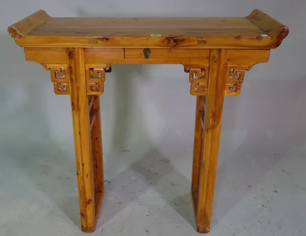 A Chinese softwood altar table with single drawer, 86cm high x 86cm wide.