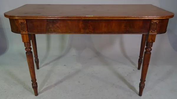 A William IV mahogany 'D' shape console table, on turned supports, 135cm wide x 76cm high.