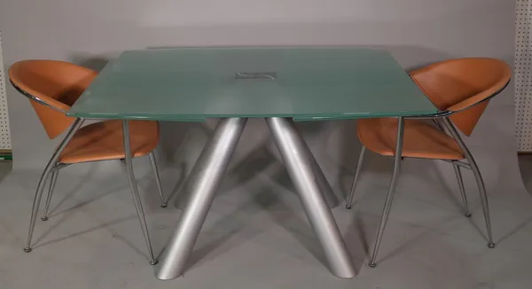 A 20th century silvered metal and frosted glass dining table and a set of six tan leather and chrome tub back chairs, (7).