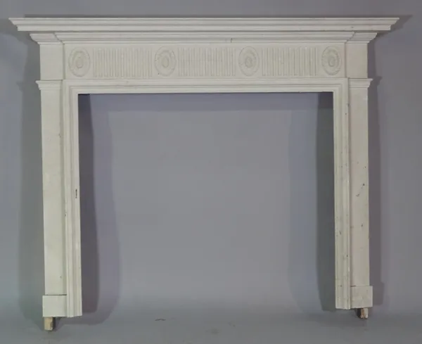 An 18th century style white painted fire surround, 157cm wide x 130cm high, aperture, 107cm wide x 72cm high.