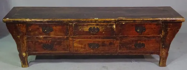 An early 20th century Chinese hardwood sideboard with six short drawers, 169cm wide x 51cm high.