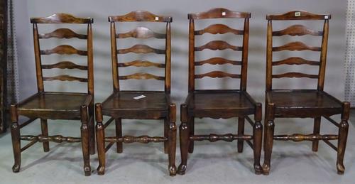 A set of four 19th century ash Lancashire ladder back dining chairs, (4).