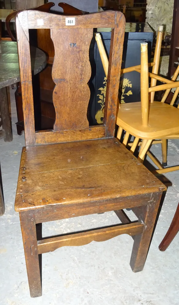 A pair of early 19th century oak vase back chairs and a oak bar stool, (3).