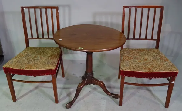 A George III and later mahogany tripod table on bird cage mount and three downswept supports 65cm wide x 68cm high and a pair of mahogany stick back d