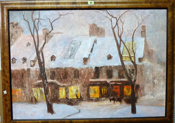 English School (late 20th century), Village under snow, oil on canvas, 59.5cm x 85cm.