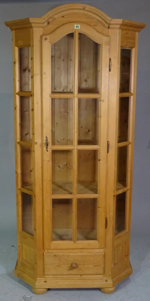 A 20th century pine floor standing single door arch top display cabinet, 89cm wide x 180cm high.