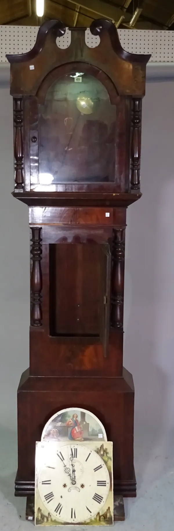 A 19th century longcase clock with painted dial, 1 weight & pendulum, (a.f.).