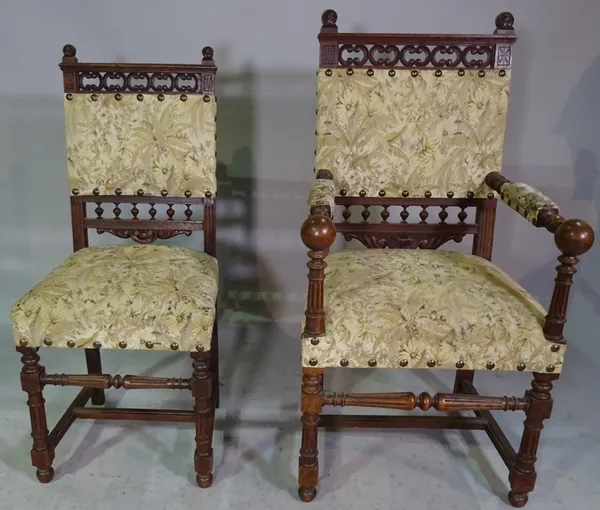 A set of six 19th century French oak dining chairs on turned and fluted supports, to include a pair of carvers, (6).