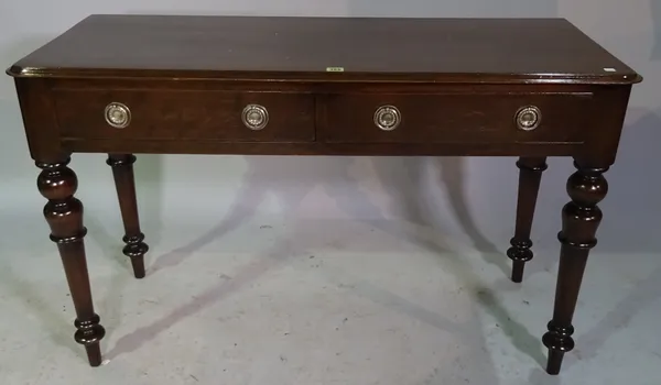 A Victorian style mahogany two tier drawer side table on tapering supports, 120cm wide x 75cm high.