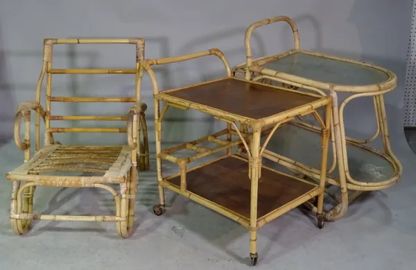 A mid-20th century bamboo two tier serving trolley with glass shelves, 75cm wide x 90cm high, another similar, 70cm wide x 75cm high, and a bamboo low