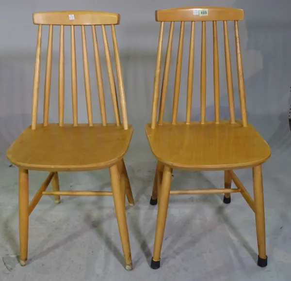 A set of four beech Ercol style stick back dining chairs, 41cm wide x 82cm high, (4).