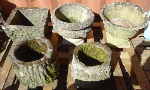 Garden statuary, including;a 20th century reconstituted plant pot of naturalistic form, 30cm wide x 26cm high, another smaller 26cm wide x 26cm high,