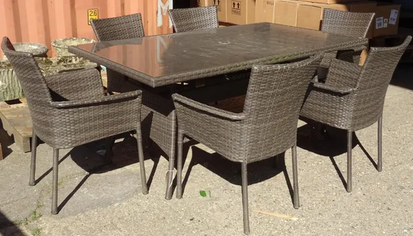 A 20th century faux rattan garden table with glass top, 172cm wide x  75cm high, and a set of six matching chairs, (7).