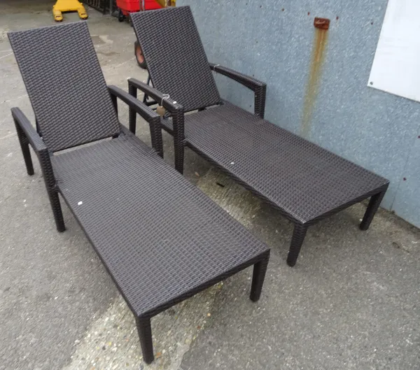 A pair of 20th century faux rattan sun loungers 1992, (2).