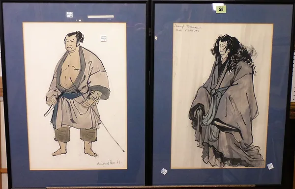 Michael Pope (20th century), A set of four costume designs for a theatrical production of Rashomon, pen, ink and wash, three signed and dated '73, the