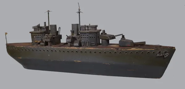 A scratch built painted model of a World War II Destroyer, 60cm long (a.f.).