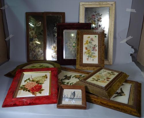 A pair of early 20th century rectangular ceramic tiles painted with flowers within a felt and giltwood frame, 26cm wide x 40cm high another similar 36
