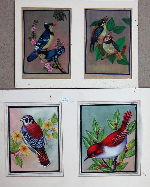 A group of watercolours and prints of bird studies, some watercolour on linen, some prints on a foil base, all unframed.(qty)