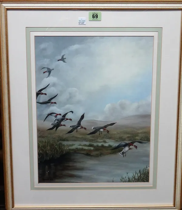 J. Ashford (20th century),  Ducks in flight, a pair, oil on board, both signed and dated 1958, each 39cm x 29cm.(2)