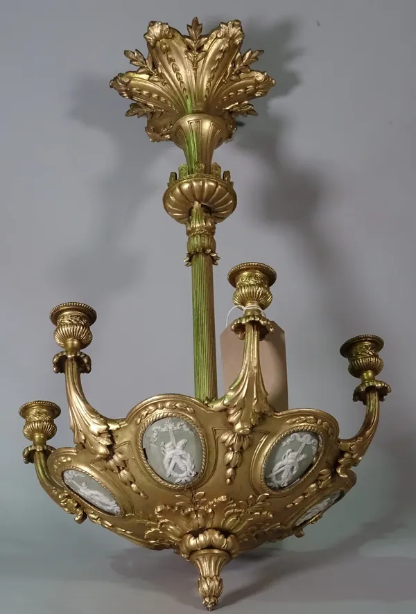 A gilt metal renaissance style chandelier inset with porcelain plaques, 66cm high.