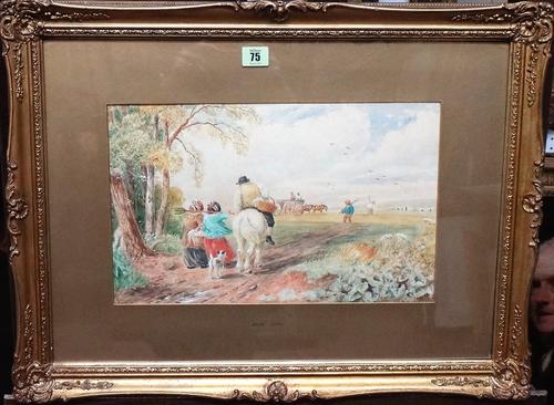 Follower of David Cox, Travellers in landscapes, a pair, watercolour, bear a signature, each 24cm x 39cm.(2)