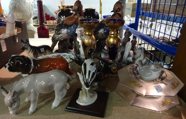 Ceramics, including; two large Rosenthal figures of jay birds, 28cm high, a Beswick figure of a Newfoundland, Lladro figures, a pair of Val St Lambert