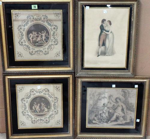 A group of eight, including a pair of coloured engravings by Bartolozzi, after Cipriani; a stipple engraving 'The Reconciliation', a Classical scene,