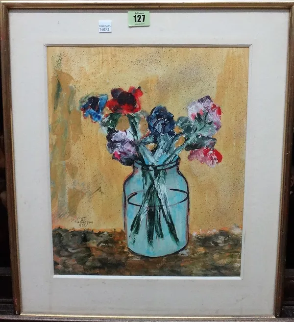 ** Laffargue (20th century), Still life of flowers in a jar, gouache, signed, 35.5cm x 29cm.