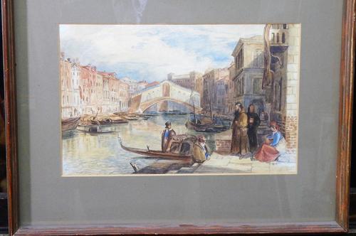 J. F. Lewis (19th century), Figures on the Grand Canal, near Rialto, Venice, watercolour, 21.5cm x 34cm.