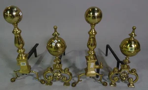 A pair of Victorian style brass andirons of turned globular form, 54cm high and a similar smaller pair of andirons, 43cm high. (4)