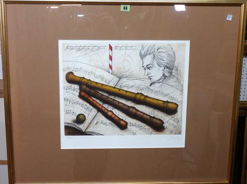 A group of five 20th century prints, including two colour etchings of a musical theme, indistinctly signed, 'Room with view over bay' by David Lintine