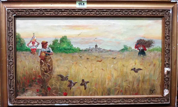 Continental School (c.1900), Peasants in a harvest field, oil on canvas, signed with monogram, 24cm x 44cm.