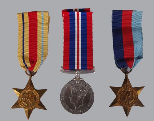 Three World War II service medals and ribbons, Africa Star, 1939-45 Star and 1939-45 War medal, (3).