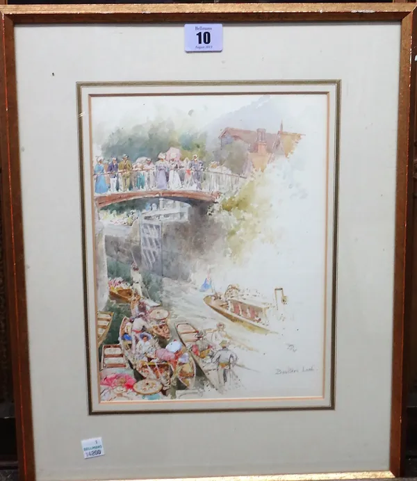 P** R** (19th/20th century), Boulters Lock, watercolour, signed with initials and inscribed, 27cm x 19.5cm.