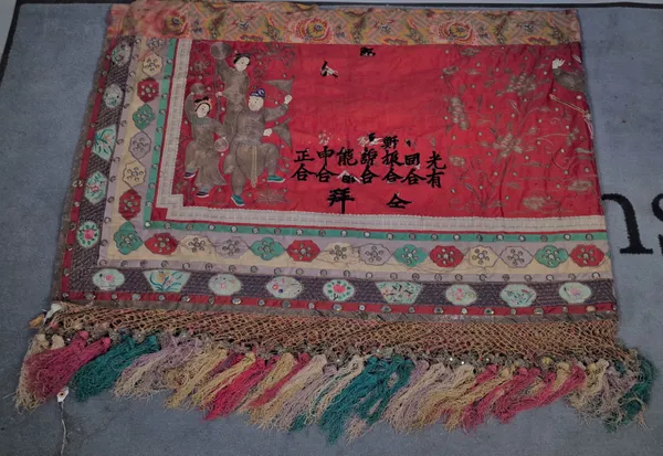 A large Chinese embroidered panel depicting figures, probably Immortals with tasseled border.