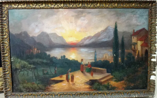 Continental School (19th/20th century), Italianate lake view at sunset, oil on canvas, 66cm x 112cm.