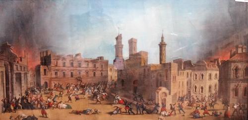 Italian School (18th/19th century), Battle scene in square, the burning city beyond, gouache, 85cm x 172cm.