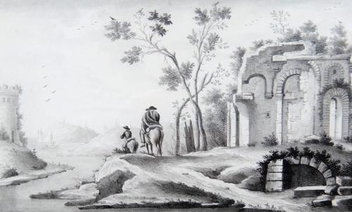 Italian School (18th/19th century), Figures by classial ruins, monochrome watercolour, 9cm x 13cm.; together with a further monochrome landscape water